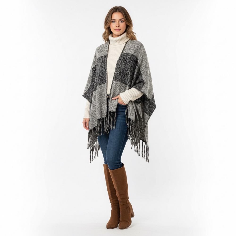 KimberlyCo One Size Striped Fringe Brown Grey Poncho Sweater Winter Holiday Work